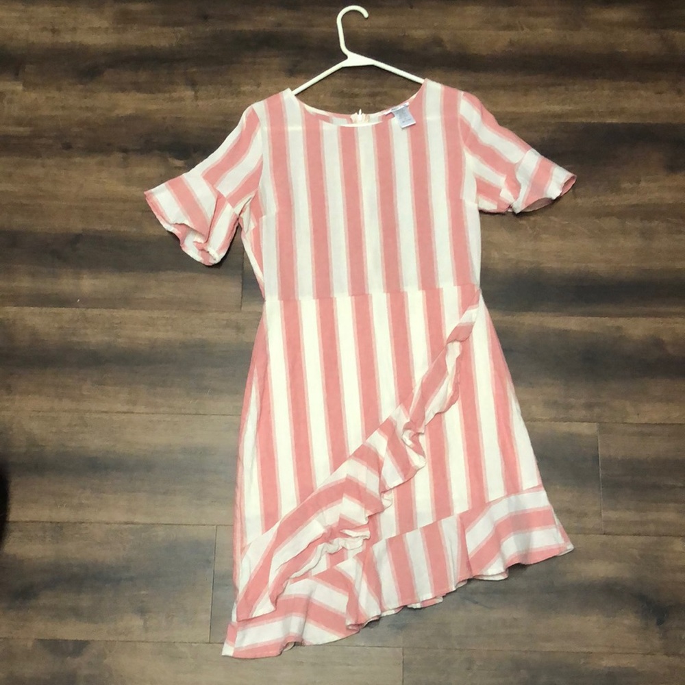 Ruffle hem coral pink and cream dress